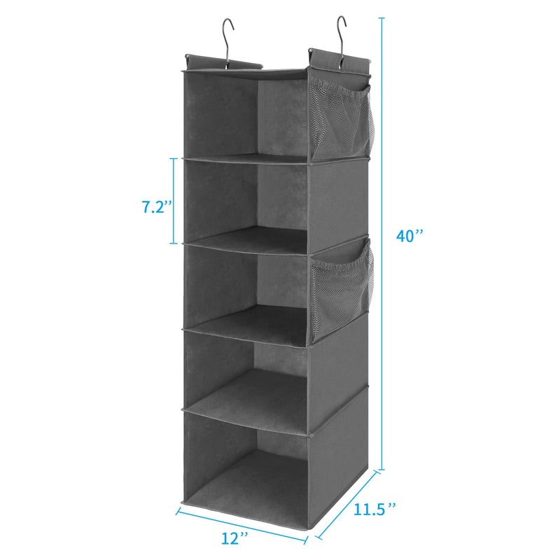 MAX Houser 5 Shelf Hanging Closet Organizer, Space Saver, Cloth Hanging Shelves with 4 Side Pockets, Foldable, Grey - Image 2